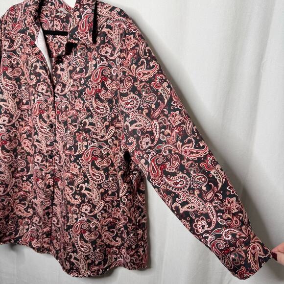 WOMAN WITHIN / red black paisley printed faux suede button up shirt / 1X - Picture 3 of 9